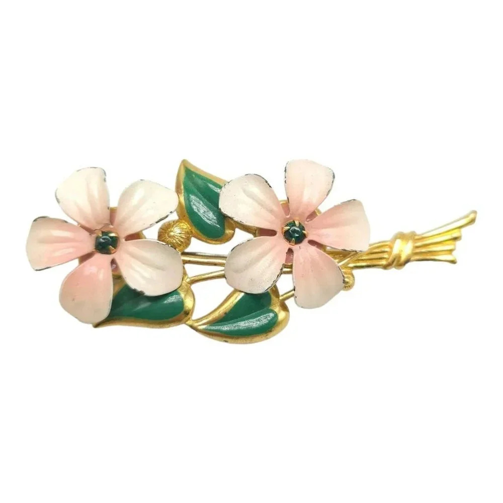 Pink Green Enamel Green Rhinestone Large Gold Tone Vintage Brooch